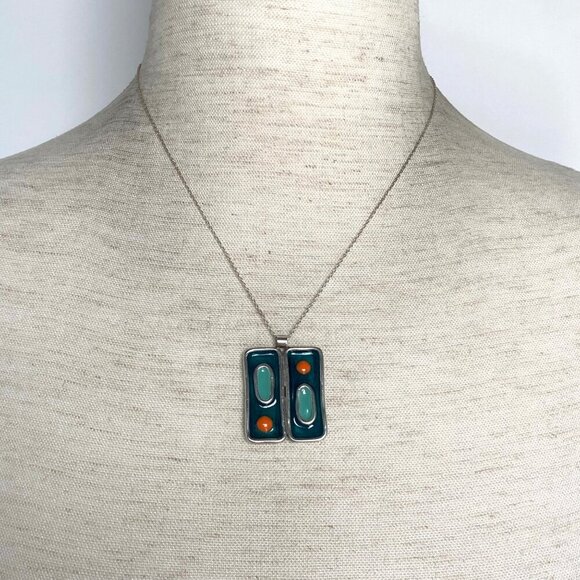 Sterling Silver 925 Modernist Style Enamel Geometric Pendant Necklace 18" Chain - Picture 2 of 16